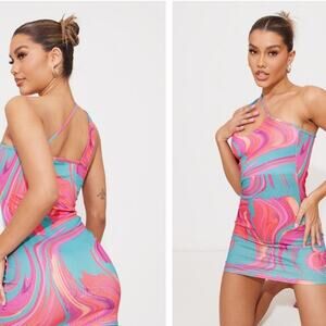 NEW PRETTYLITTLETHING Pink Marble Rib Bodycon Dress US 8 Blue Abstract Print